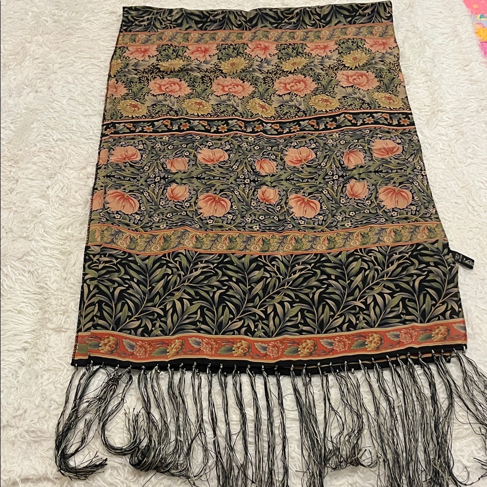 FA Saldarini Black Scarf with Peach Roses and Green Foliage 100% Silk